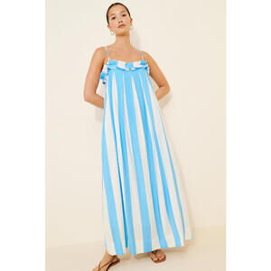 Maeve - Blue and White Striped Maxi Dress with Ruffle Detail, Size M